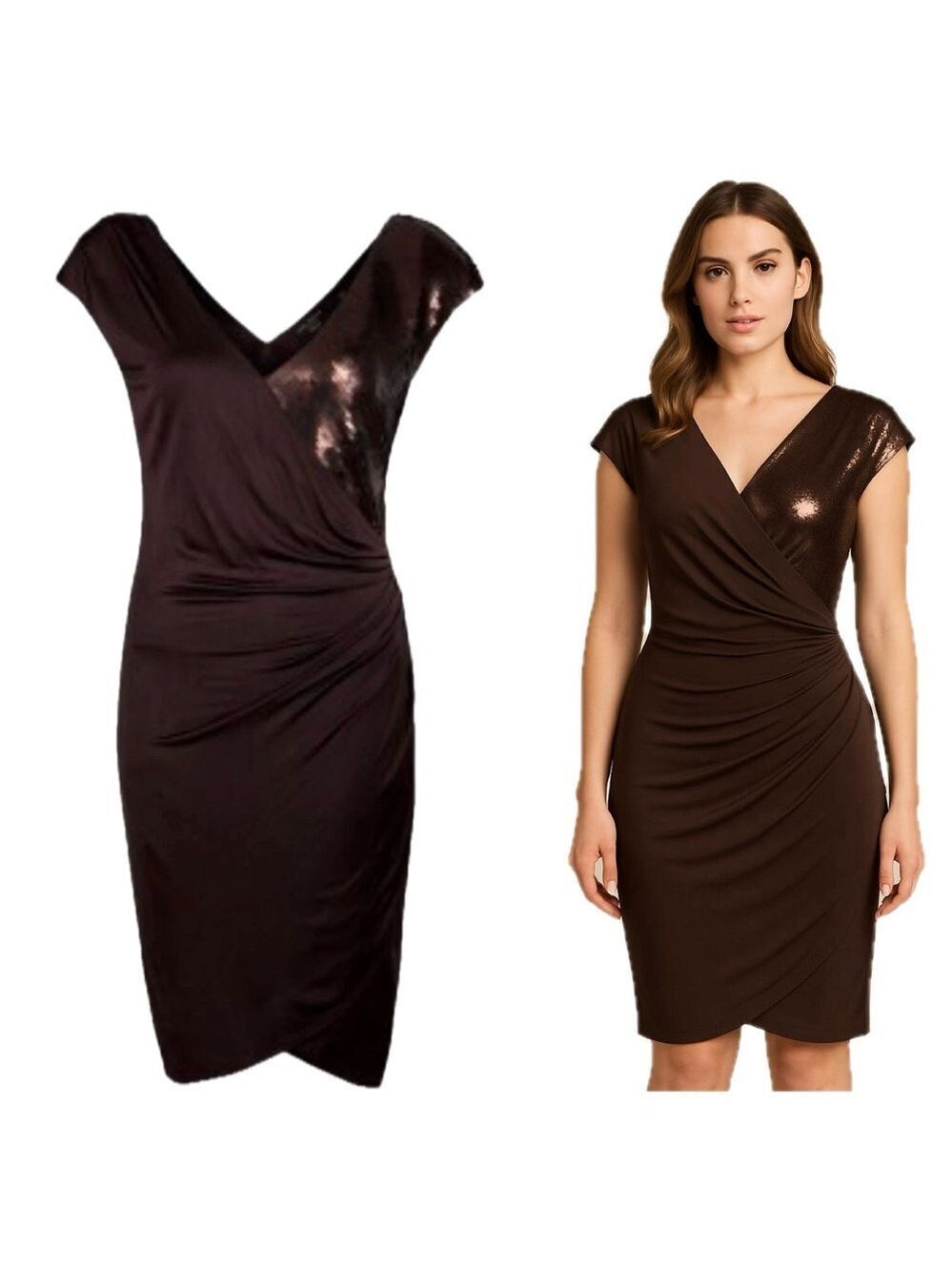 Ted Baker London Brown sequin wrap dress ruched draped short cap Sleeve US4